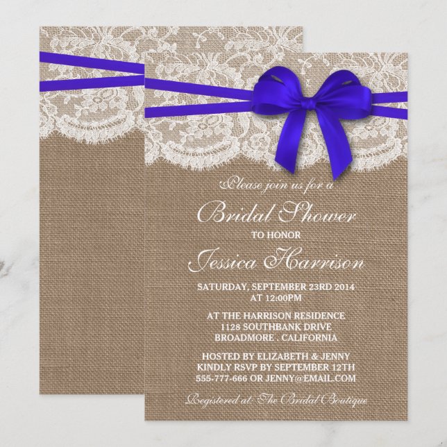 Rustic Blue Bow, Burlap & Lace Bridal Shower Invitation (Front/Back)
