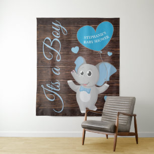 Rustic Blue Boy Elephant Baby Shower Backdrop Tapestry