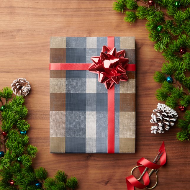 Rustic Blue Brown Denim Check Faded Plaid Pattern Wrapping Paper (Holiday Gift)
