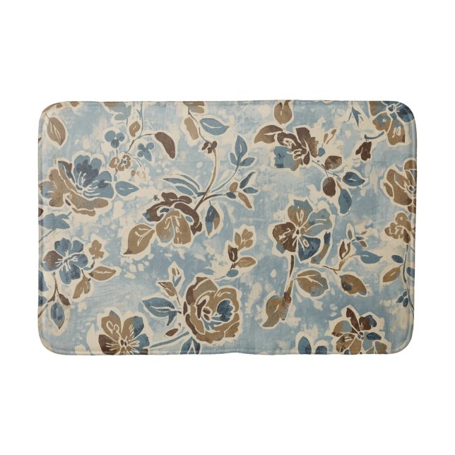 Rustic Blue Brown Tan Floral Bath Mat (Front)