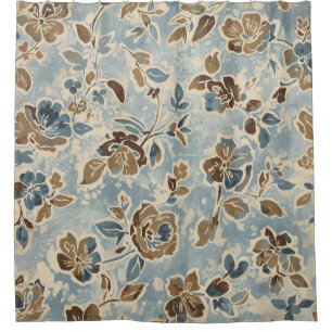 Rustic Blue Brown Tan Floral Shower Curtain