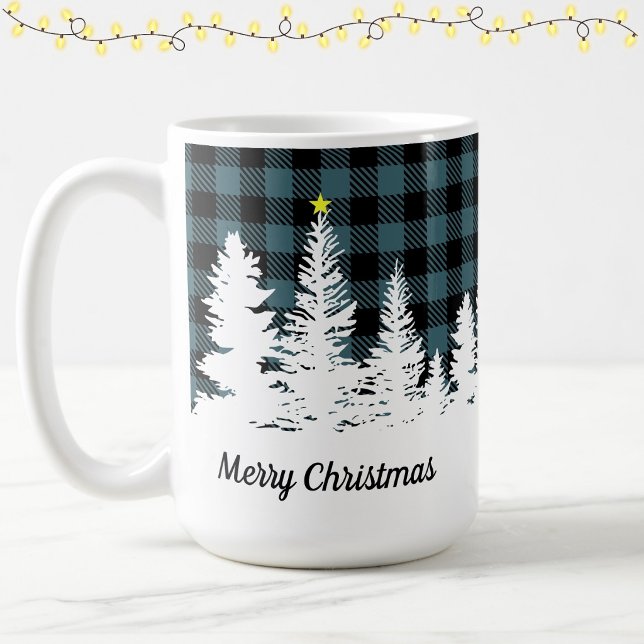 Rustic Blue Buffalo Plaid Forest Merry Christmas  Coffee Mug (Creator Uploaded)
