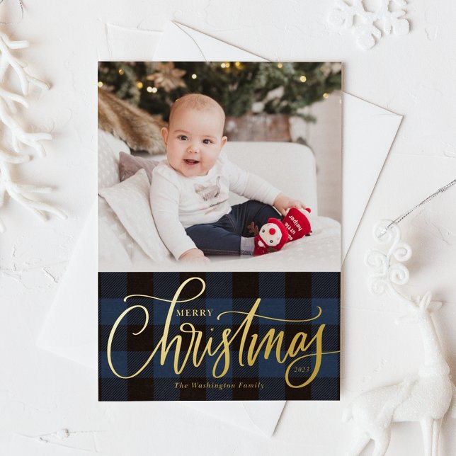 Rustic Blue Buffalo Plaid Merry Christmas Photo (Rustic Blue Buffalo Plaid Pattern Merry Christmas Photo Foil Holiday Card)
