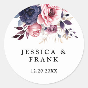 Rustic blue burgundy & purple floral wedding classic round sticker