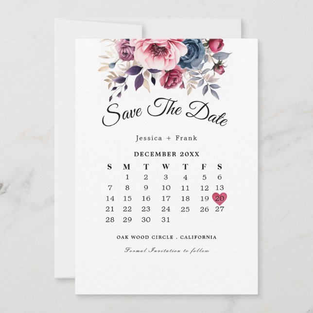 Rustic blue burgundy & purple floral wedding  save the date (Front)