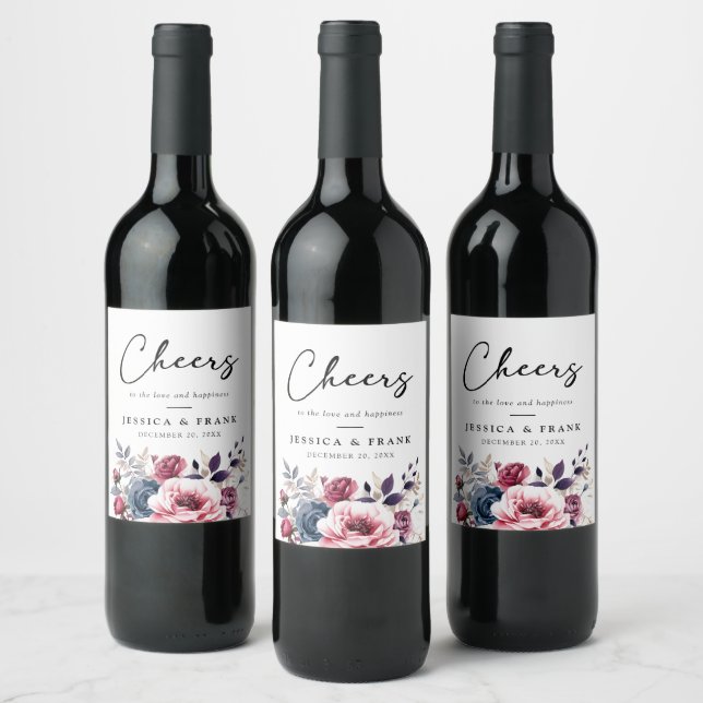 Rustic blue burgundy & purple floral wedding  wine label (Bottles)