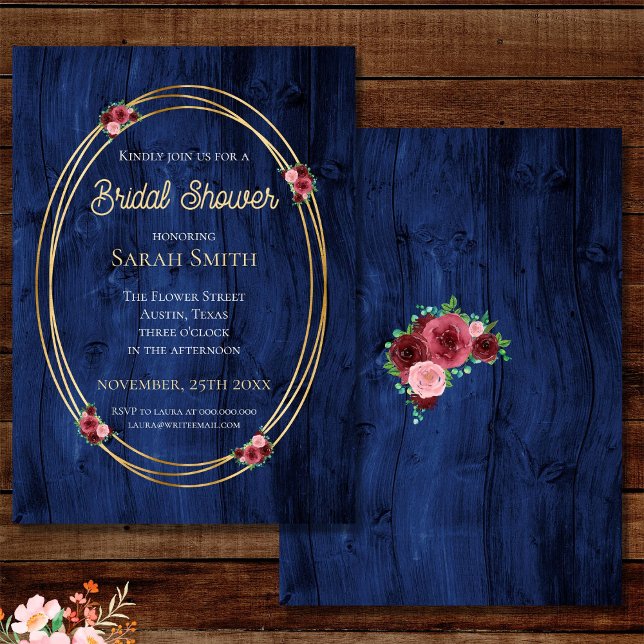 Rustic Blue Burgundy Round Watercolor Shower Invitation (Creator Uploaded)
