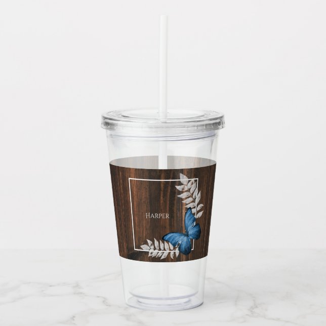 Rustic Blue Butterfly Personalised Acrylic Tumbler (Front)