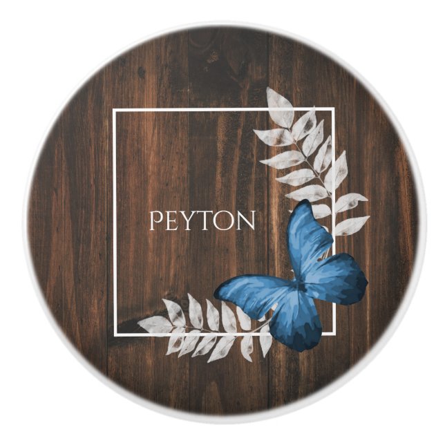 Rustic Blue Butterfly Personalised Ceramic Knob (Front)