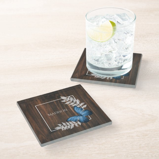 Rustic Blue Butterfly Personalised Glass Coaster (Angled)
