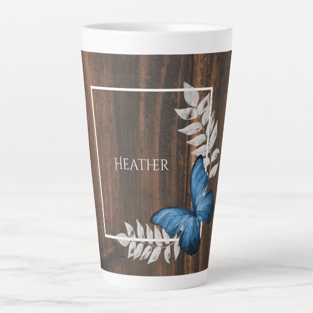 Rustic Blue Butterfly Personalised Latte Mug (Front)