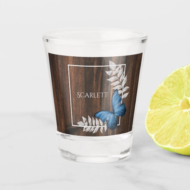 Rustic Blue Butterfly Personalised Shot Glass (Front)