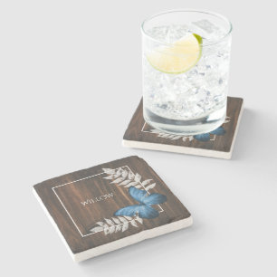 Rustic Blue Butterfly Personalised Stone Coaster