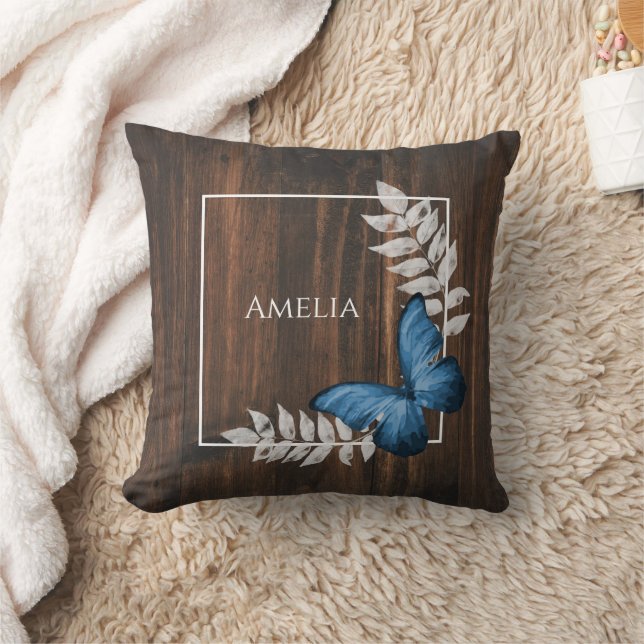 Rustic Blue Butterfly Throw Pillow (Blanket)