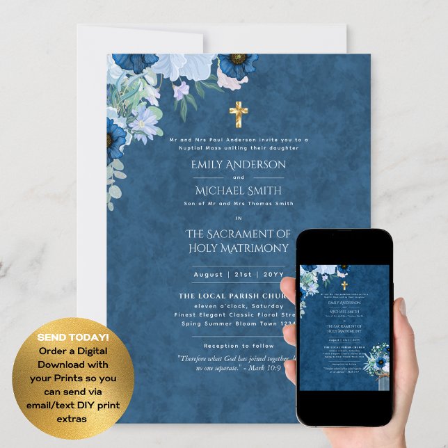 Rustic Blue  Catholic Nuptial Mass Wedding Invitation (Creator Uploaded)