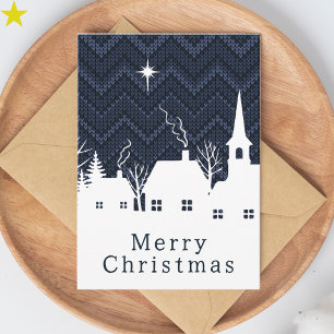 Rustic Blue Chevron Knit Christmas Village Card