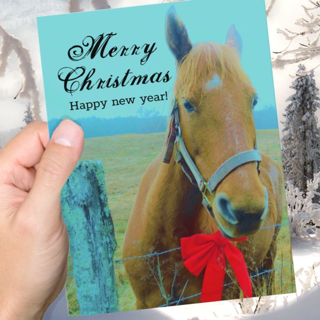 Rustic Blue Christmas Horse  Red Bow Holiday Postcard (Creator Uploaded)