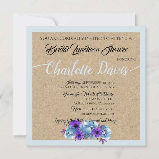 Rustic Blue Cottage Roses Wedding Suite Shower Invitation (Back)