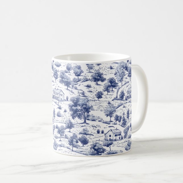 Rustic Blue Countryside Toile Pattern Coffee Mug (Front Right)