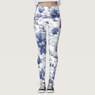 Rustic Blue Countryside Toile Pattern Leggings