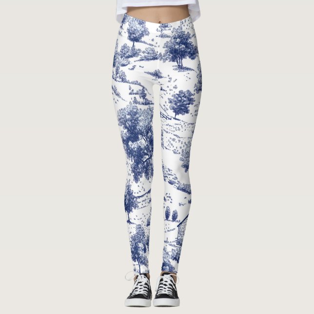Rustic Blue Countryside Toile Pattern Leggings (Front)