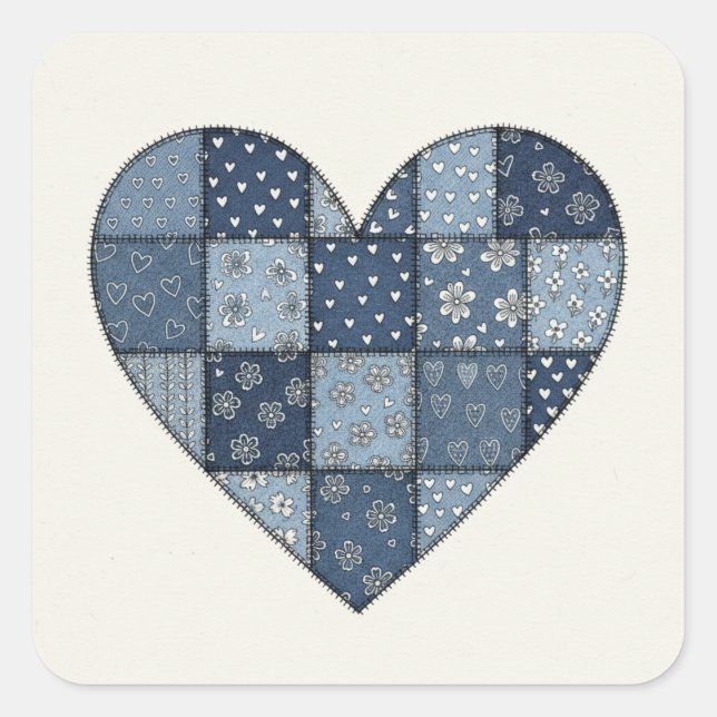Rustic Blue Denim Patchwork Heart Illustration Square Sticker (Front)
