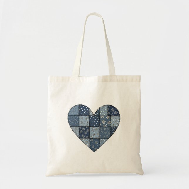 Rustic Blue Denim Patchwork Heart Illustration Tote Bag (Front)