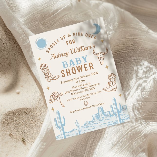 Rustic Blue Desert Boys Cowboy Baby Shower Invitation (Boys Cowboy Baby Shower invitation, Blue Brown Western Desert Wild West Southern Country Rodeo )