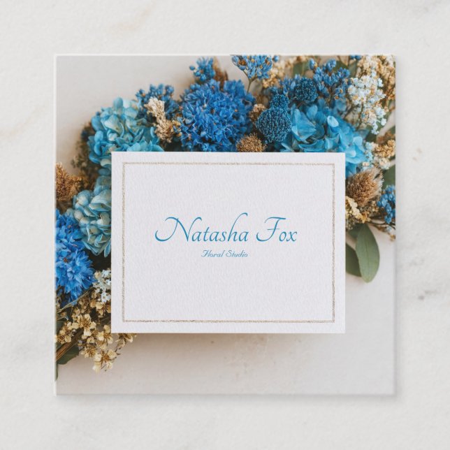 Rustic Blue Dried Floral Gold Frame Square Business Card (Front)