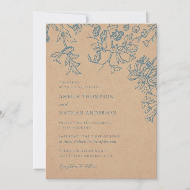 Rustic Blue Elegant Botanical Floral Wedding Invitation (Front)