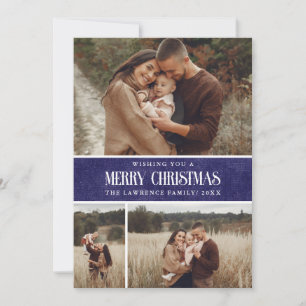 Rustic Blue Farmhouse Christmas 3 Photo Collage Holiday Card