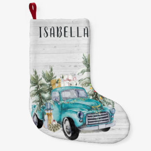 Rustic Blue Farmhouse Truck Monogram Christmas Small Christmas Stocking