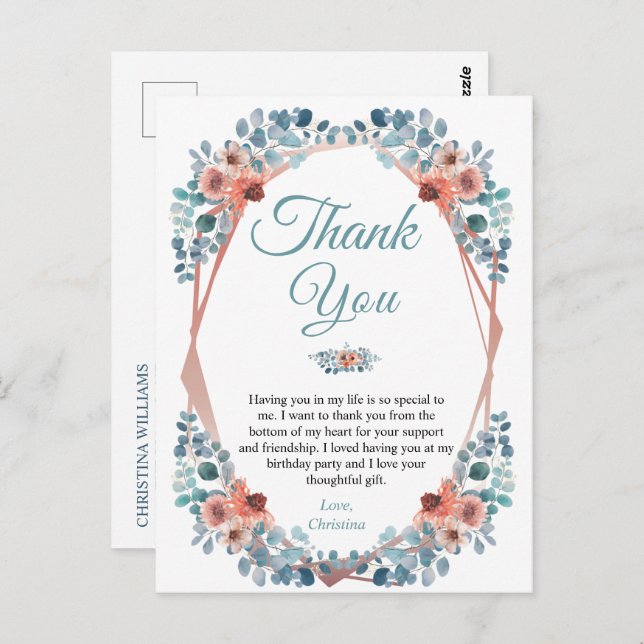 Rustic Blue Floral 50th Birthday Thank You Postcard (Front/Back)