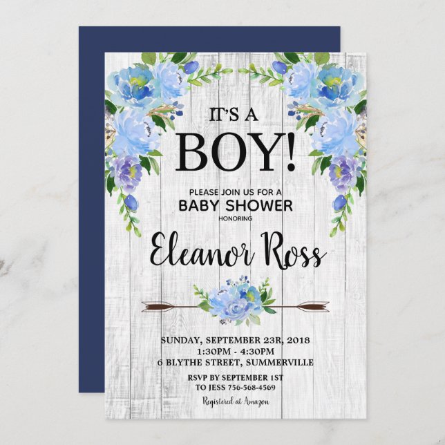 Rustic Blue Floral Baby Shower Flowers Boy Invitation (Front/Back)