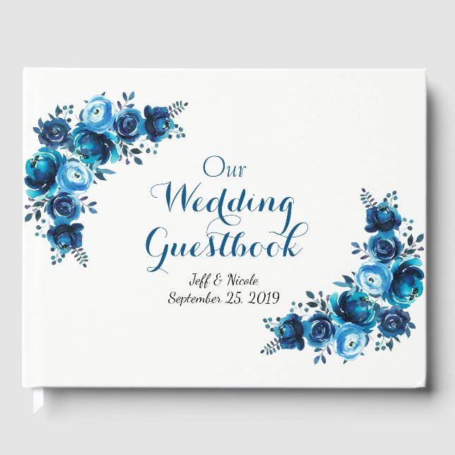 Rustic Blue Floral Country Barn Wedding Guest Book (Front)