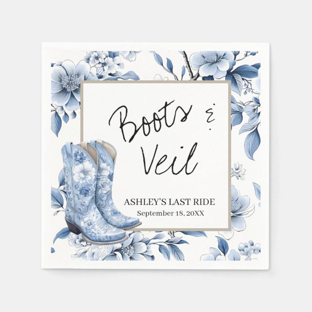 Rustic Blue Floral Cowgirl Wedding Napkins – Boots (Front)