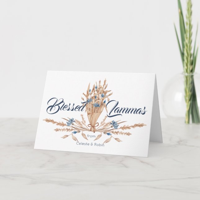 Rustic Blue Floral Dried Leaves Blessed Lammas Holiday Card (Front)