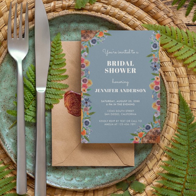 Rustic Blue Floral Garden Boho Chic Bridal Shower Invitation (Creator Uploaded)