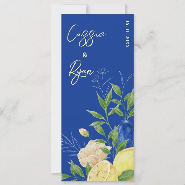 Rustic Blue Floral Lemon Summer Wedding Program Invitation (Front)