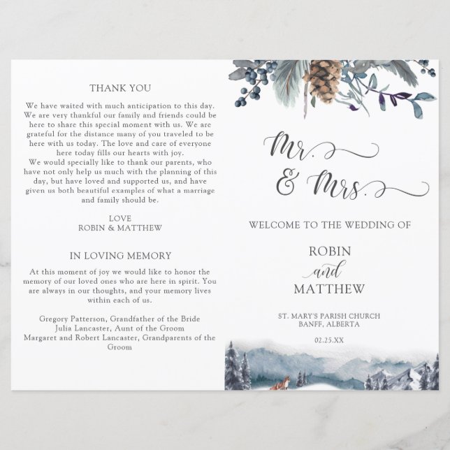 Rustic Blue Floral, Mountains Fox Wedding Program (Front)