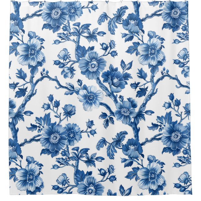 Rustic Blue Floral Pattern Shower Curtain (Front)
