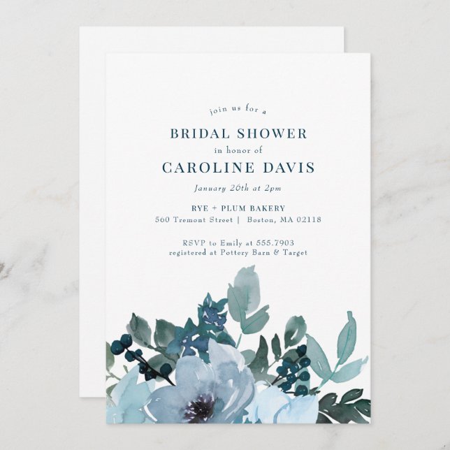 Rustic Blue Floral Plaid Bridal Shower Invitation (Front/Back)