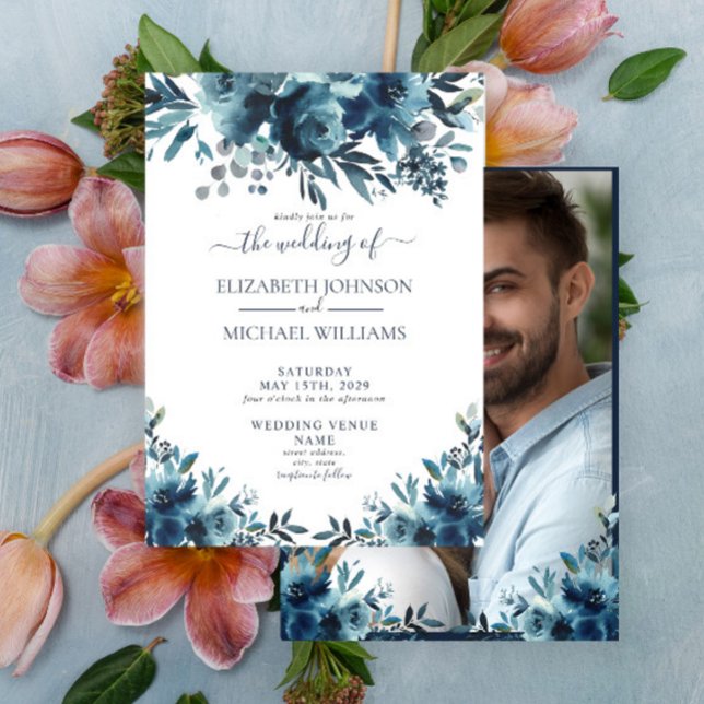Rustic Blue Floral Script Photo Wedding Invitation (Creator Uploaded)