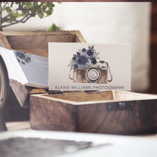 Rustic Blue Floral Vintage Camera Photographer Business Card