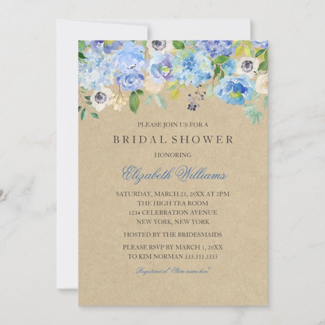 Rustic Blue Floral Watercolor Bridal Shower Invite (Front)