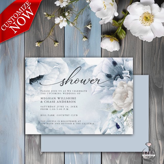 Rustic Blue Floral Watercolor Poppies Invitation (Easy to Customize with your details)