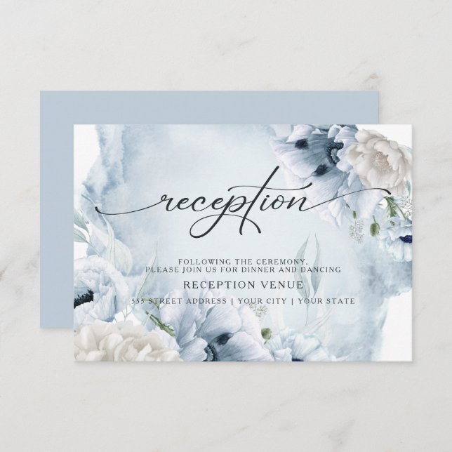 Rustic Blue Floral Watercolor Reception Invitation (Front/Back)