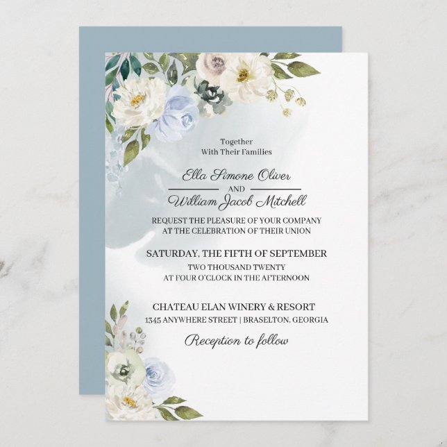 Rustic Blue Floral Wedding Invitation (Front/Back)
