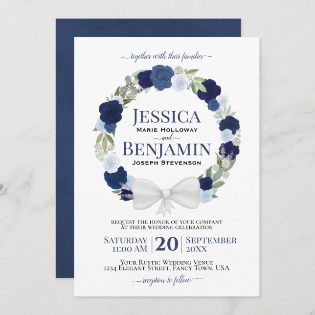 Rustic Blue Floral Wreath Elegant Boho Wedding Invitation (Front/Back)