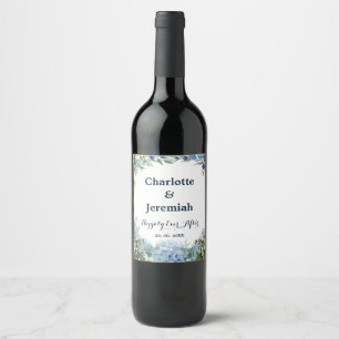 Rustic Blue Floral Wreath Greenery Wedding Wine Label
